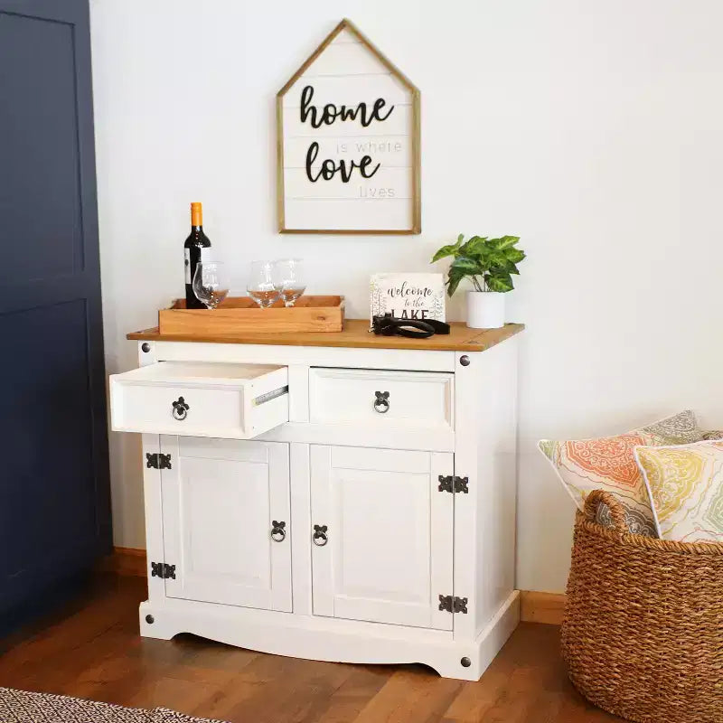 Credenza da cucina con 2 cassetti e 2 ante - Struttura in pino massiccio - Bianca